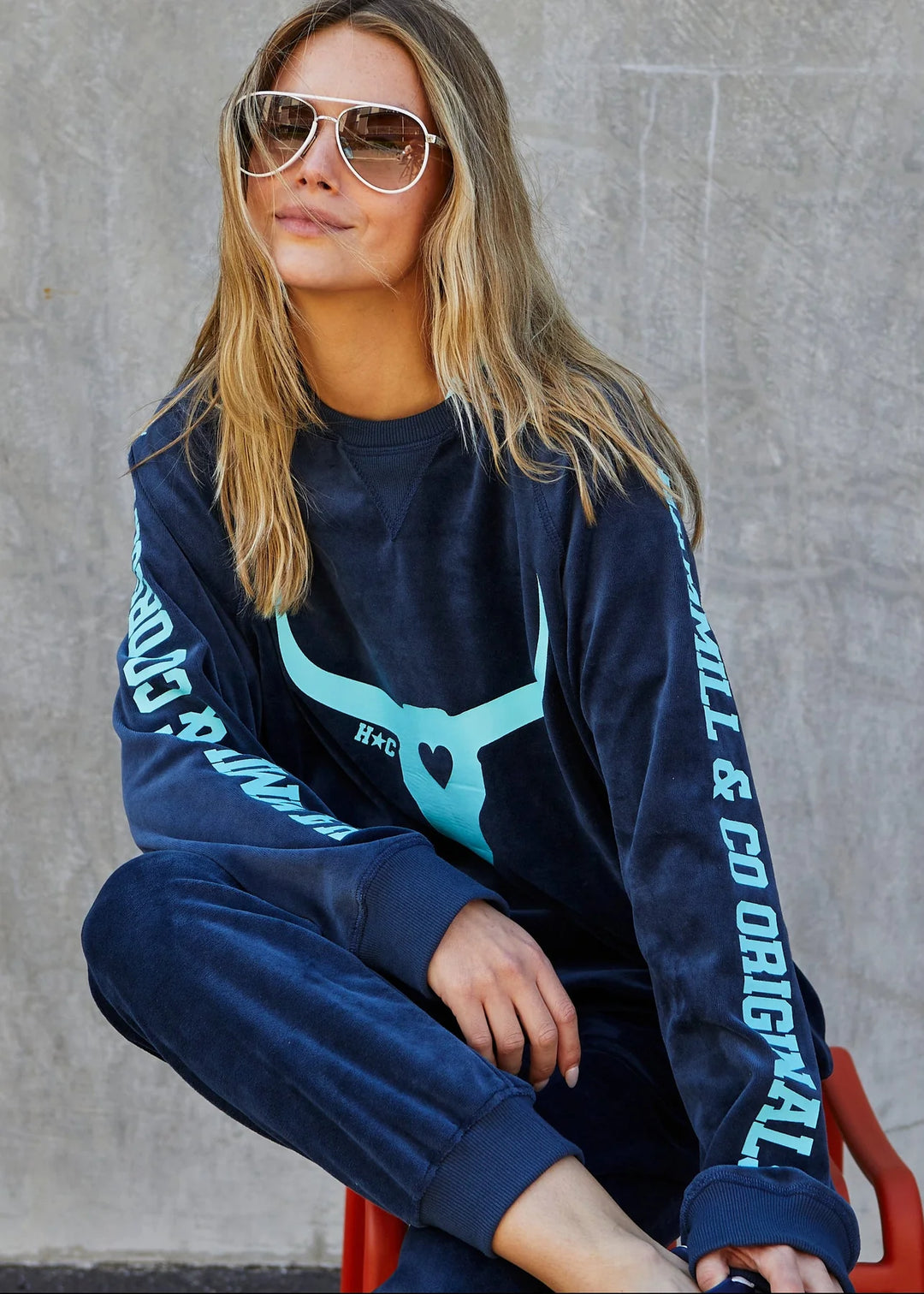 Pre Order HAMMILL & CO Womens Velour Bull Sweat in Navy