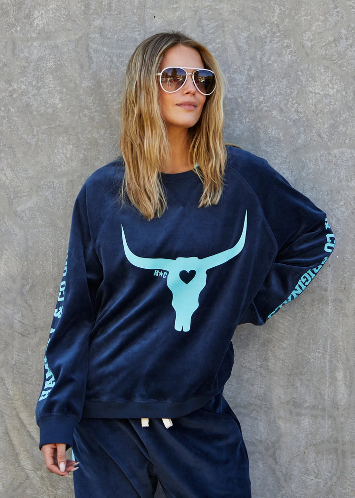 Pre Order HAMMILL & CO Womens Velour Bull Sweat in Navy