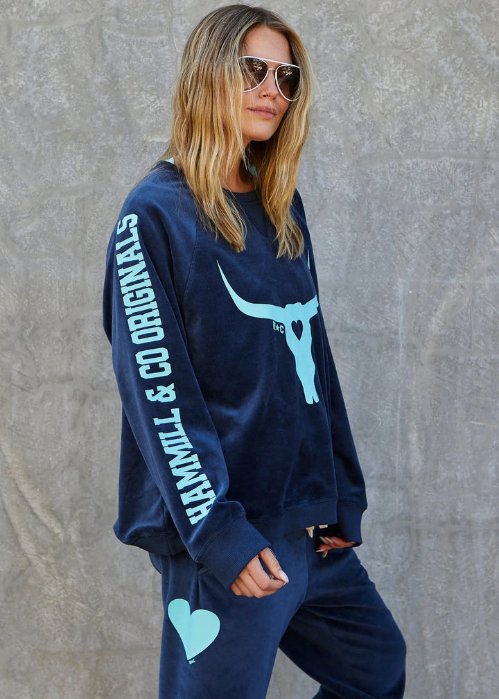 Pre Order HAMMILL & CO Womens Velour Bull Sweat in Navy