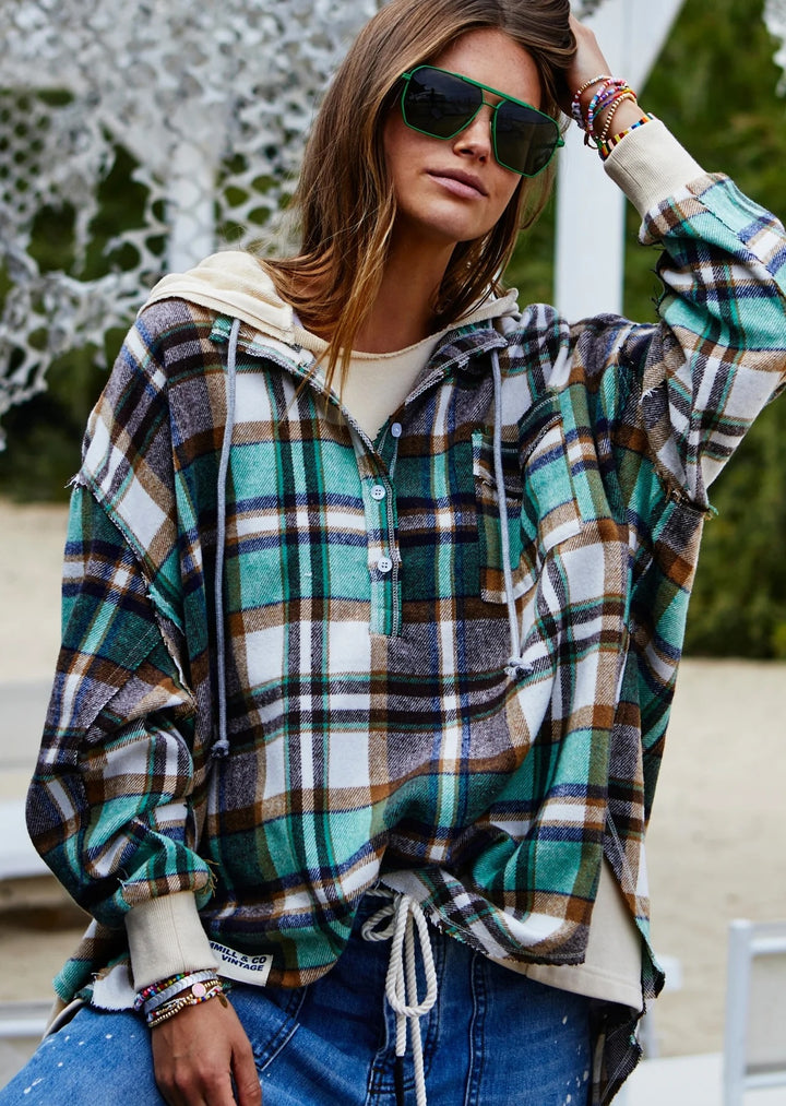 HAMMILL & Co Womens  Flannel Check Hoodie Sweat - Green & Cream, WOMENS KNITS & SWEATERS, CAT HAMMILL, Elwood 101