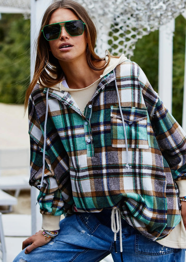 HAMMILL & Co Womens  Flannel Check Hoodie Sweat - Green & Cream, WOMENS KNITS & SWEATERS, CAT HAMMILL, Elwood 101