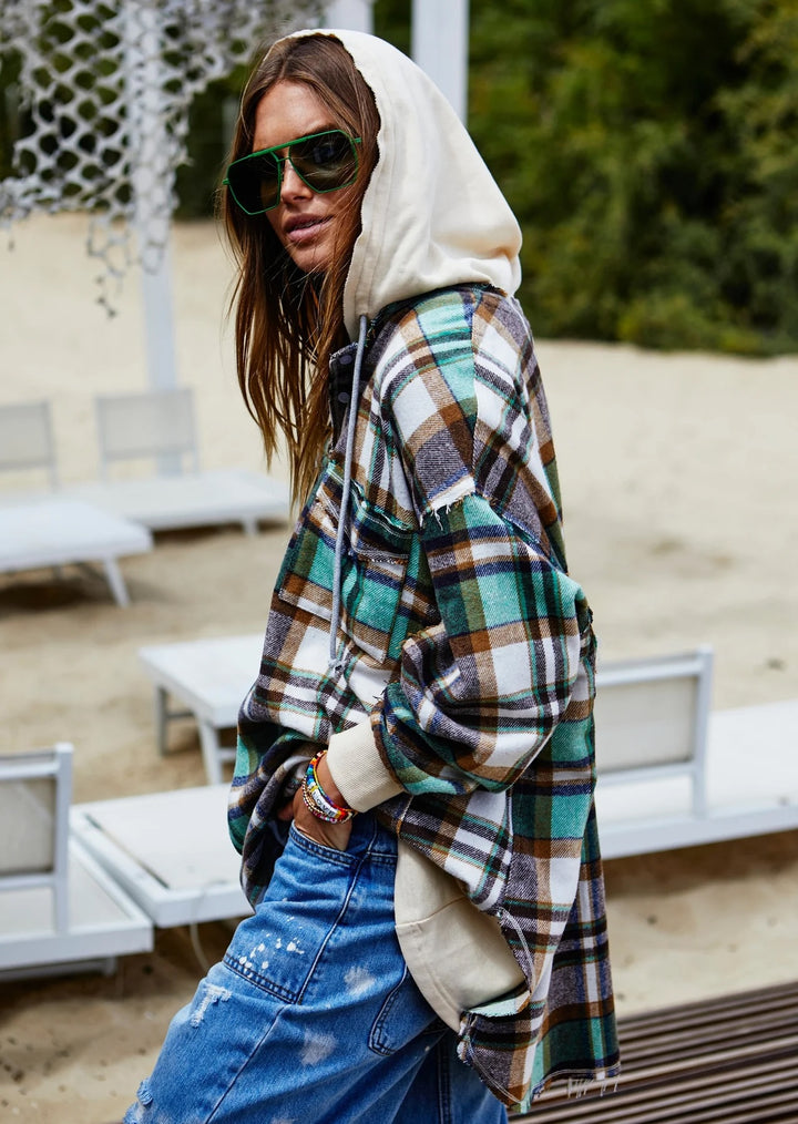 HAMMILL & Co Womens  Flannel Check Hoodie Sweat - Green & Cream, WOMENS KNITS & SWEATERS, CAT HAMMILL, Elwood 101