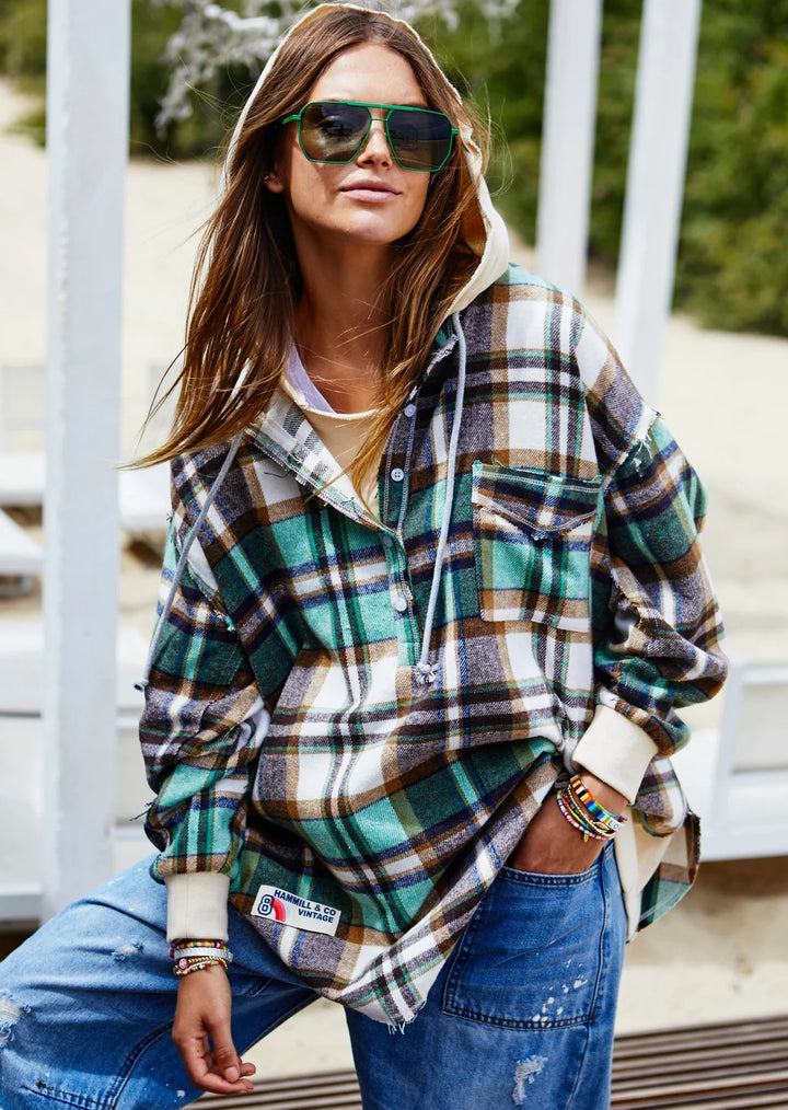 HAMMILL & Co Womens  Flannel Check Hoodie Sweat - Green & Cream, WOMENS KNITS & SWEATERS, CAT HAMMILL, Elwood 101