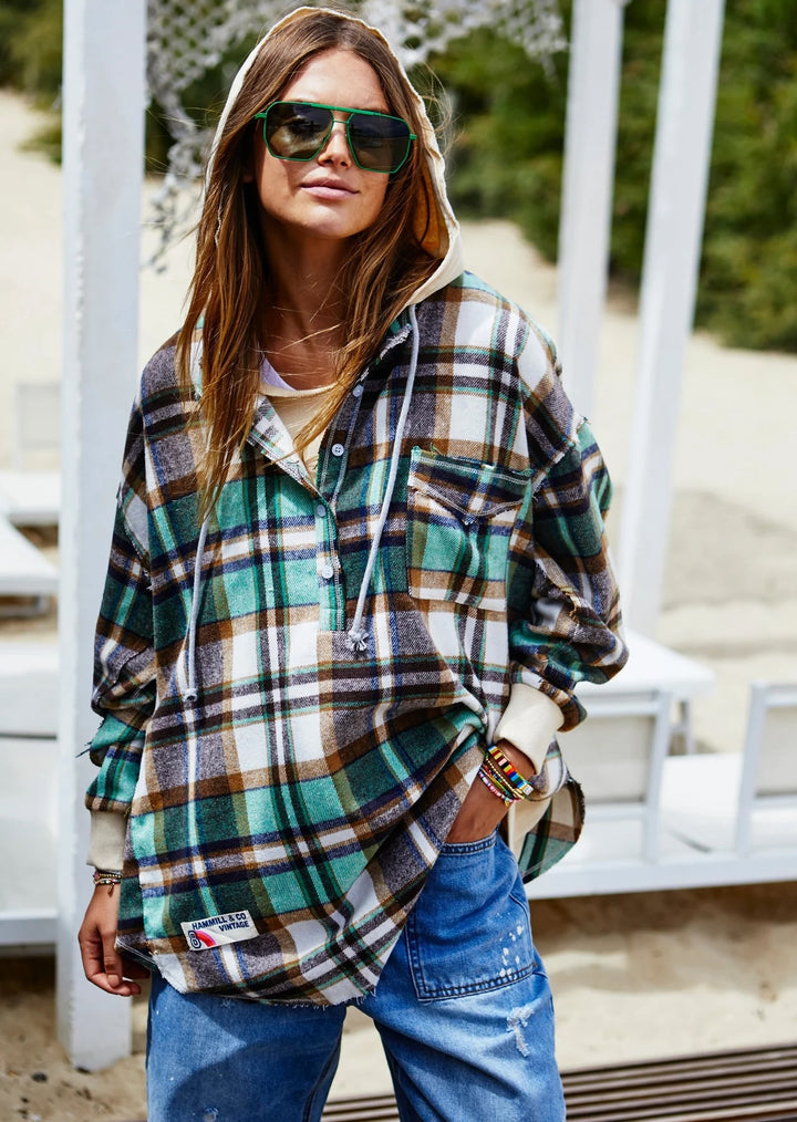 HAMMILL & Co Womens  Flannel Check Hoodie Sweat - Green & Cream, WOMENS KNITS & SWEATERS, CAT HAMMILL, Elwood 101
