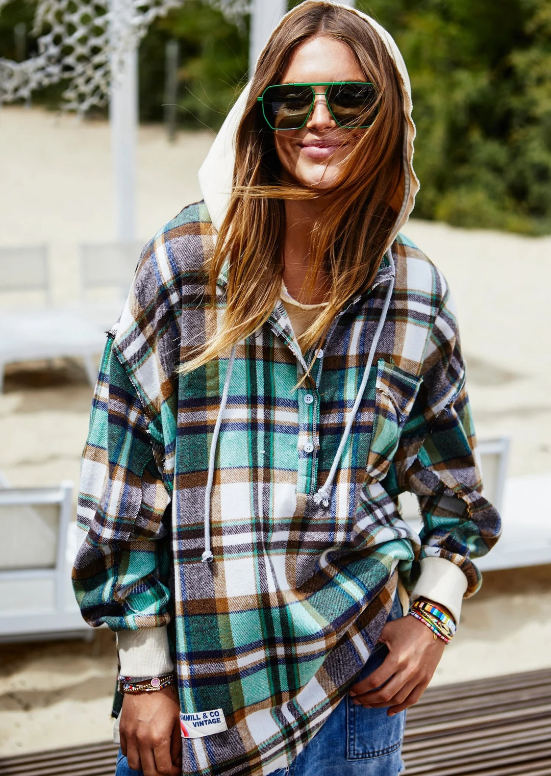 HAMMILL & Co Womens  Flannel Check Hoodie Sweat - Green & Cream, WOMENS KNITS & SWEATERS, CAT HAMMILL, Elwood 101