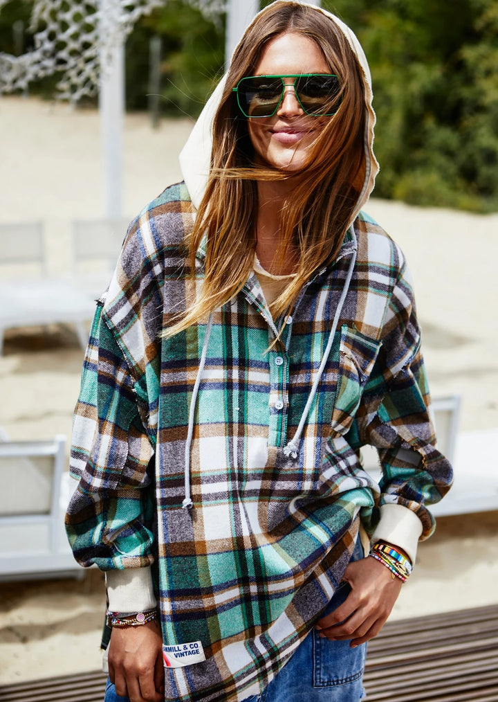 HAMMILL & Co Womens  Flannel Check Hoodie Sweat - Green & Cream, WOMENS KNITS & SWEATERS, CAT HAMMILL, Elwood 101