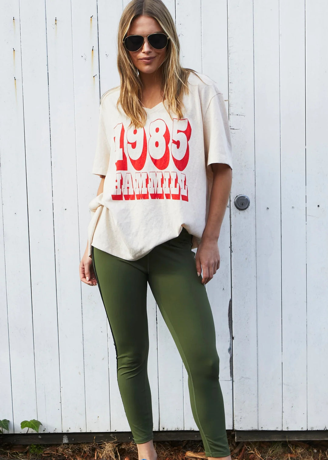 HAMMILL & Co Womens 1985 Hammill Logo V Neck Tee in Natural