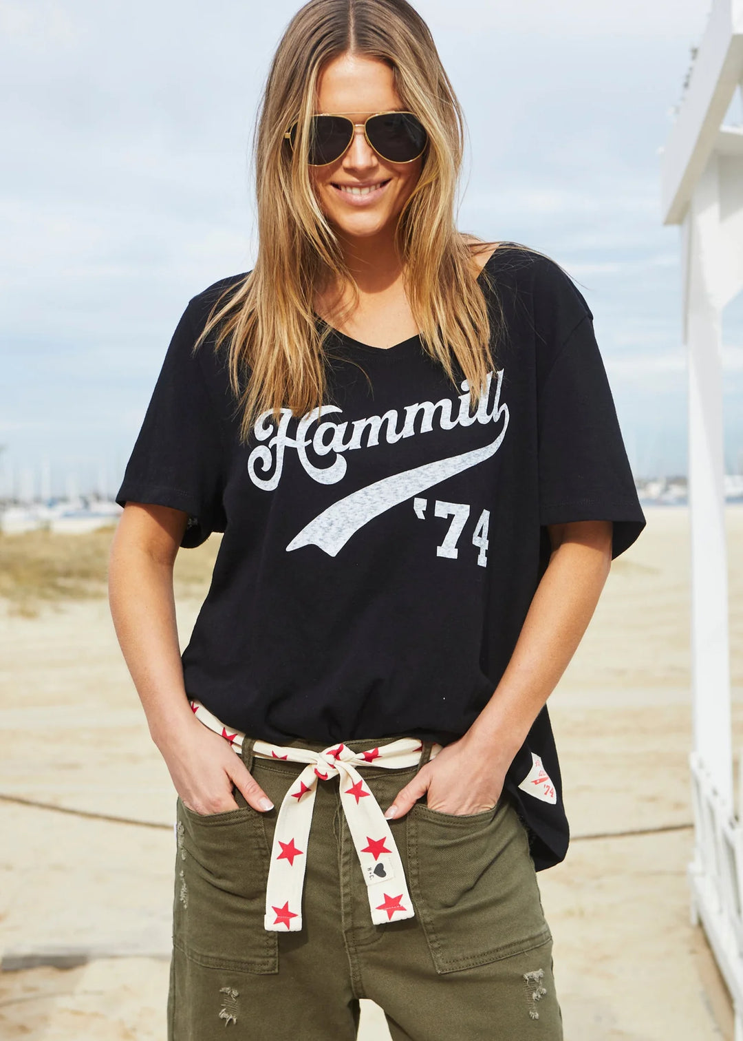 HAMMILL & Co Womens '74 Hammill Logo V Neck Tee in Black
