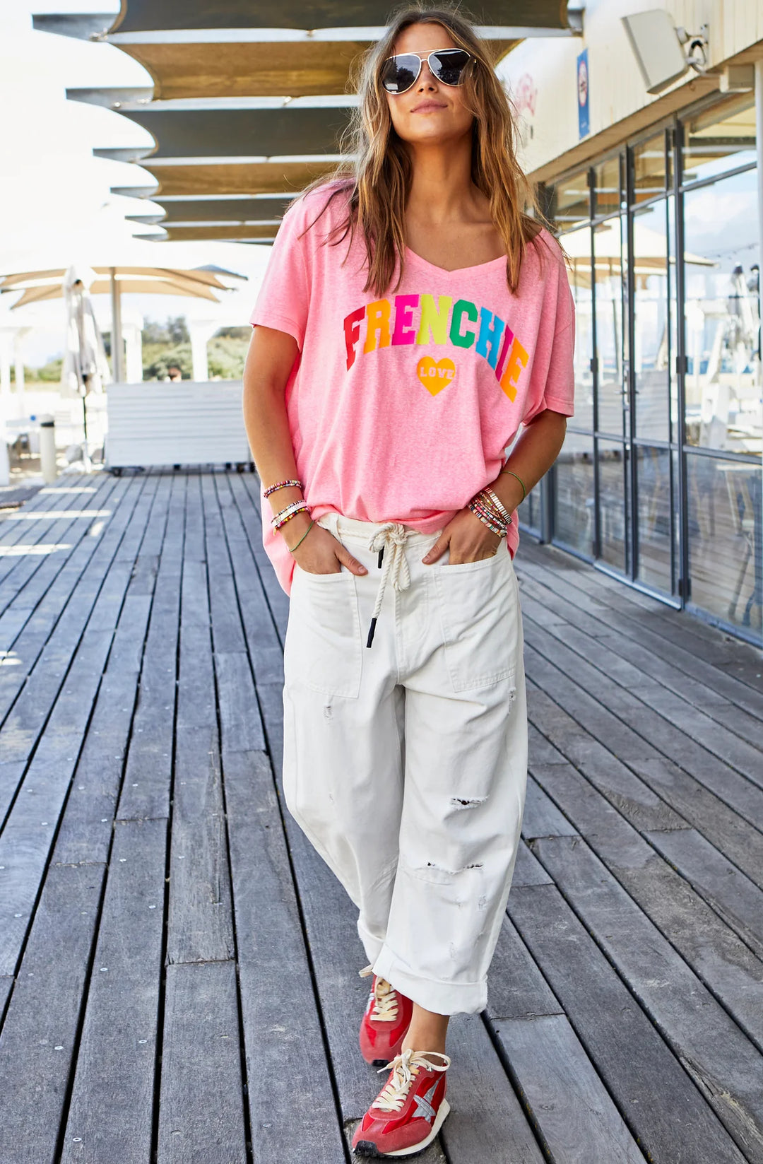 HAMMILL & CO Womens Frenchie V- Neck Tee - Pink Marle, WOMENS TEES & TANKS, CAT HAMMILL, Elwood 101