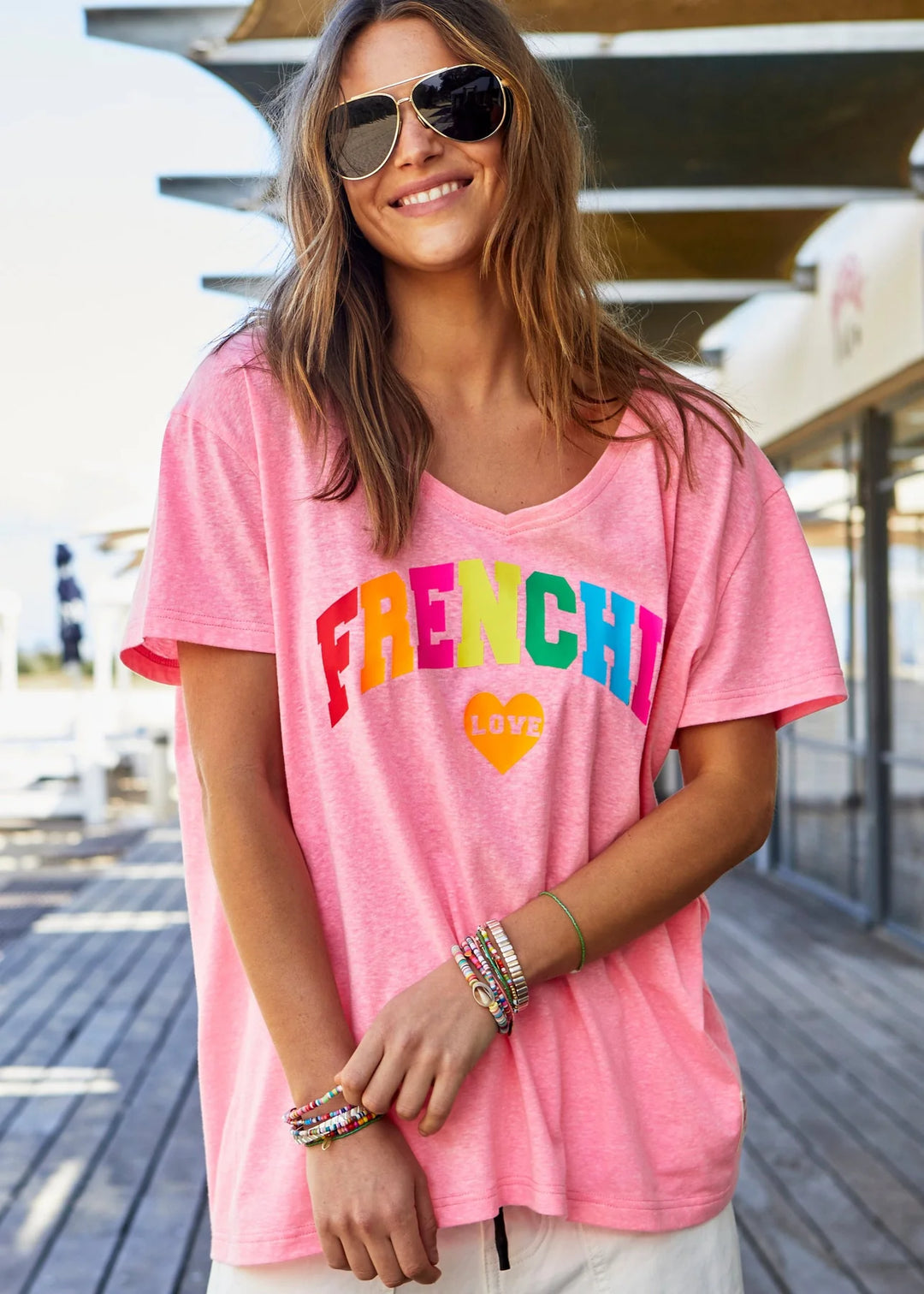 HAMMILL & CO Womens Frenchie V- Neck Tee - Pink Marle, WOMENS TEES & TANKS, CAT HAMMILL, Elwood 101