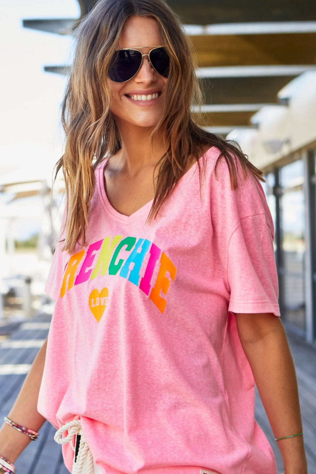 HAMMILL & CO Womens Frenchie V- Neck Tee - Pink Marle, WOMENS TEES & TANKS, CAT HAMMILL, Elwood 101