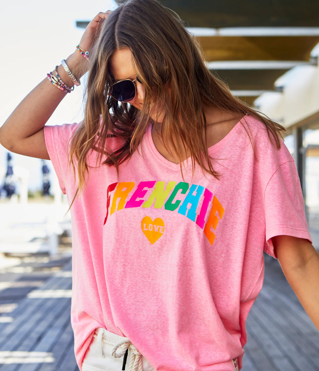 HAMMILL & CO Womens Frenchie V- Neck Tee - Pink Marle, WOMENS TEES & TANKS, CAT HAMMILL, Elwood 101