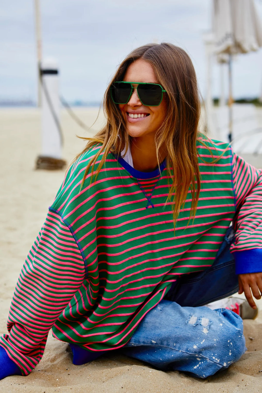 HAMMILL & Co Womens Retro Stripe Sweat - Green & Pink, WOMENS KNITS & SWEATERS, CAT HAMMILL, Elwood 101