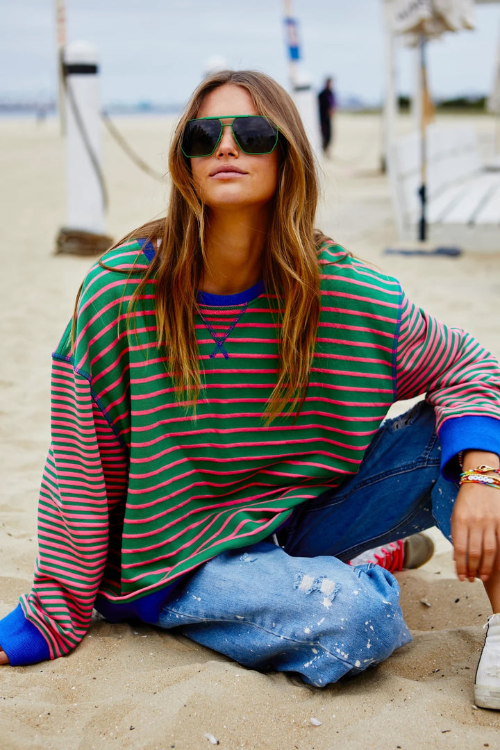 HAMMILL & Co Womens Retro Stripe Sweat - Green & Pink, WOMENS KNITS & SWEATERS, CAT HAMMILL, Elwood 101