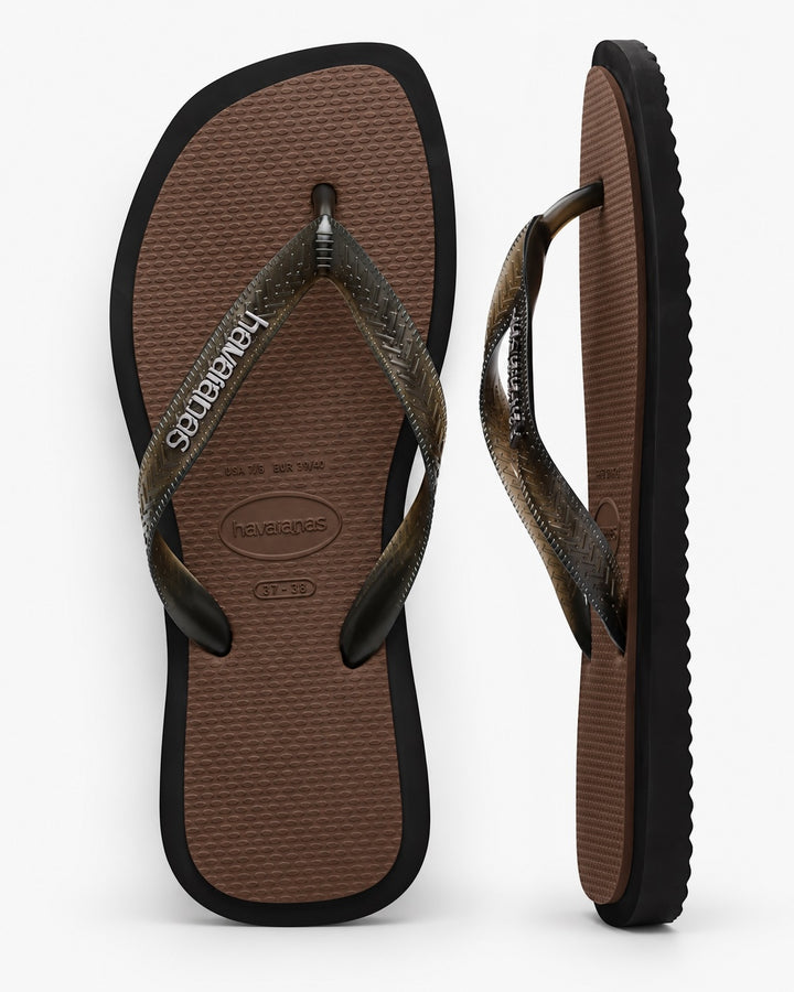 HAVAIANAS Womens Top Square Fusion Thongs in Black/Coffee