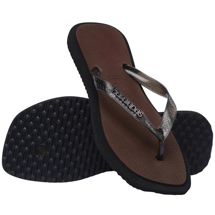 HAVAIANAS Womens Top Square Fusion Thongs in Black/Coffee