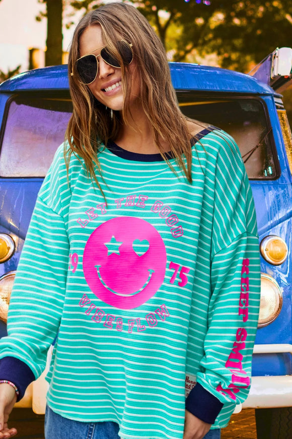 HAMMILL & CO Womens Smily Green White Stripe Long Sleeve Waffle Tee