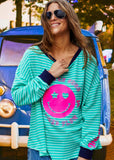 HAMMILL & CO Womens Smily Green White Stripe Long Sleeve Waffle Tee
