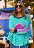 HAMMILL & CO Womens Smily Green White Stripe Long Sleeve Waffle Tee