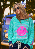 HAMMILL & CO Womens Smily Green White Stripe Long Sleeve Waffle Tee