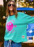 HAMMILL & CO Womens Smily Green White Stripe Long Sleeve Waffle Tee
