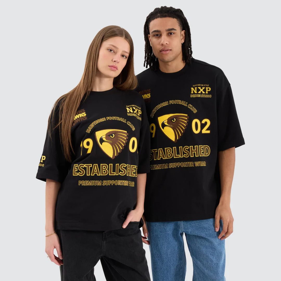 NENA & PASADENA  AFL Mens Hawthorn Hawks Mega Loop Back Tee - Jet Black, MENS TEE SHIRTS, NENA PASADENA, Elwood 101
