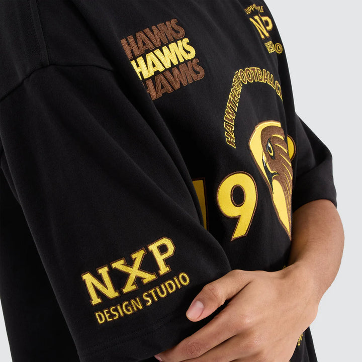NENA & PASADENA  AFL Mens Hawthorn Hawks Mega Loop Back Tee - Jet Black, MENS TEE SHIRTS, NENA PASADENA, Elwood 101