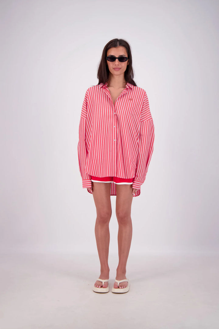 JASMINE ALEXA Womens Mahalo Oversized Stripe Shirt in Red, WOMENS TOPS & SHIRTS, JASMINE ALEXA, Elwood 101