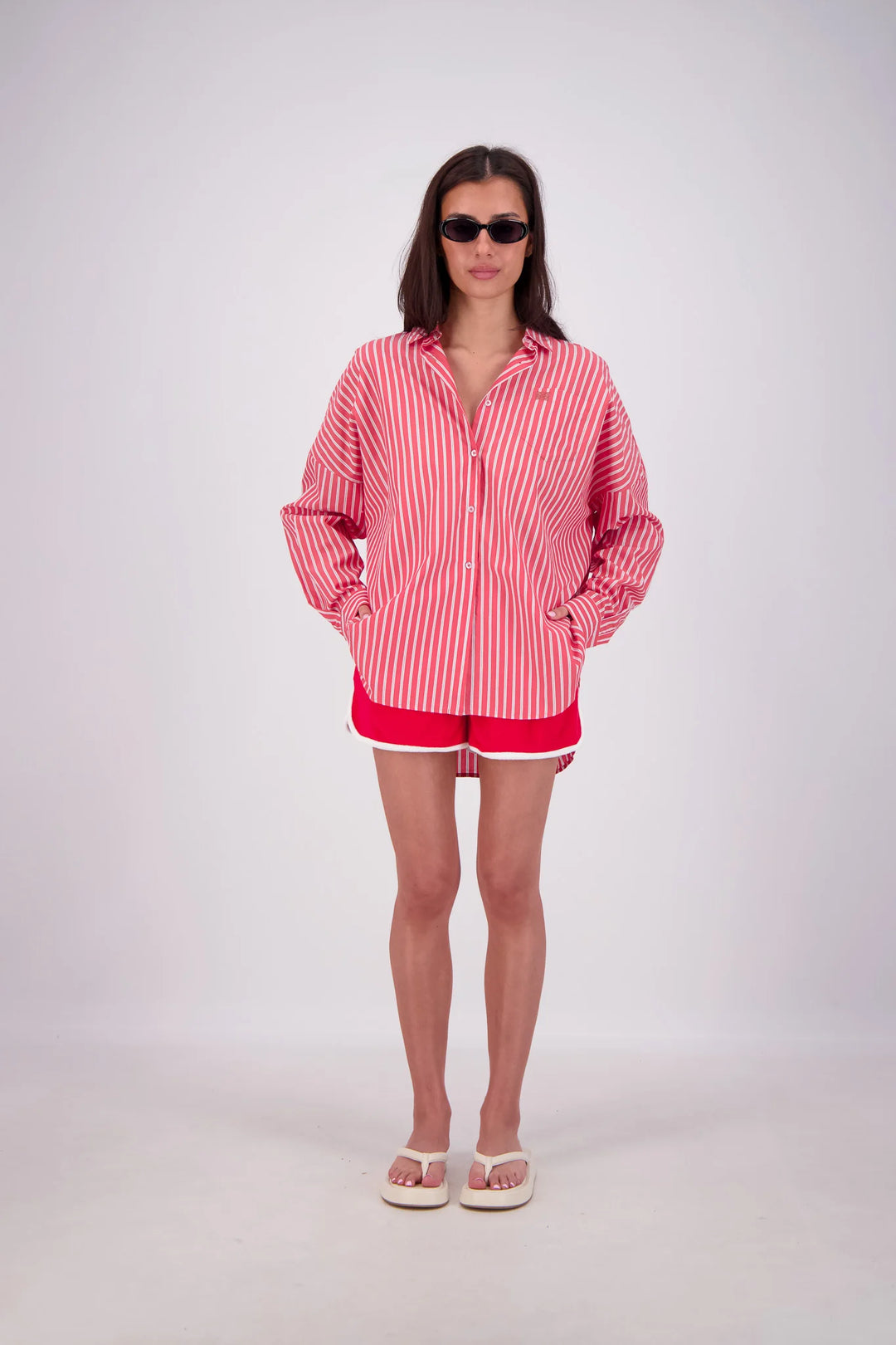 JASMINE ALEXA Womens Mahalo Oversized Stripe Shirt in Red, WOMENS TOPS & SHIRTS, JASMINE ALEXA, Elwood 101