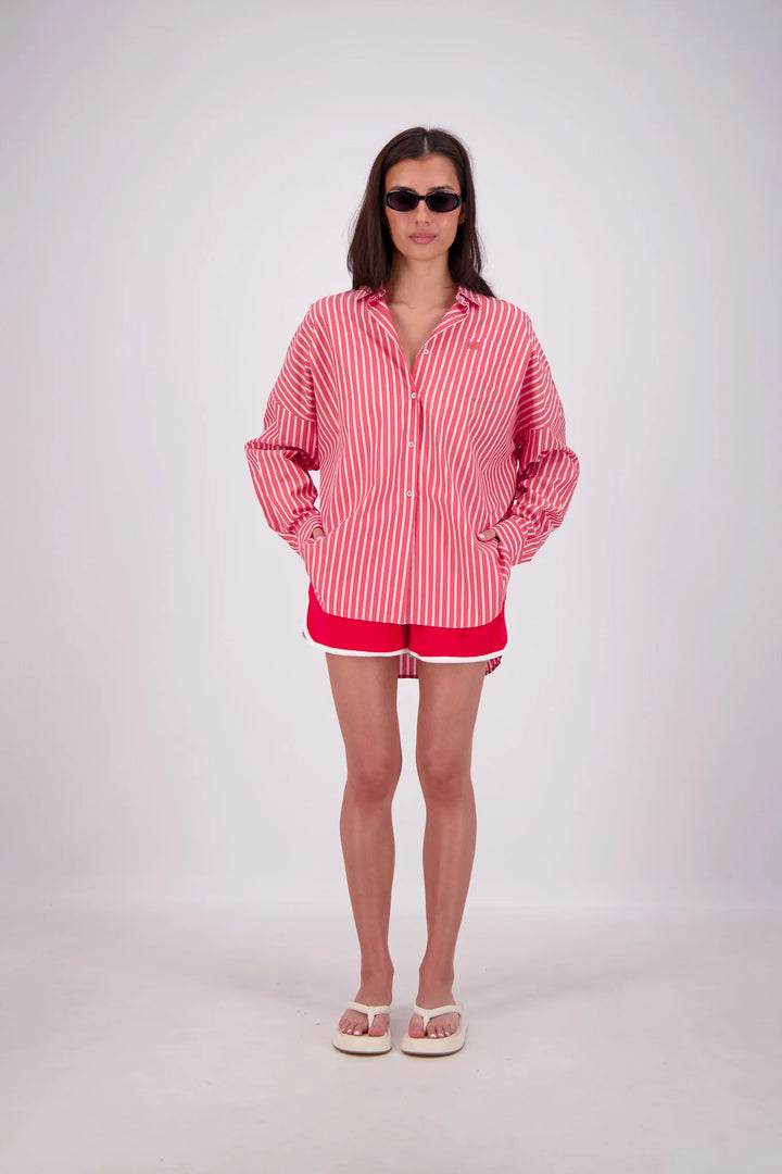 JASMINE ALEXA Womens Mahalo Oversized Stripe Shirt in Red, WOMENS TOPS & SHIRTS, JASMINE ALEXA, Elwood 101