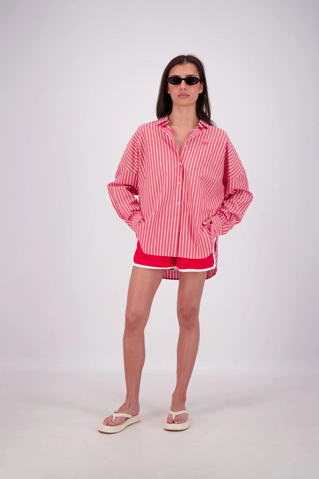 JASMINE ALEXA Womens Mahalo Oversized Stripe Shirt in Red, WOMENS TOPS & SHIRTS, JASMINE ALEXA, Elwood 101