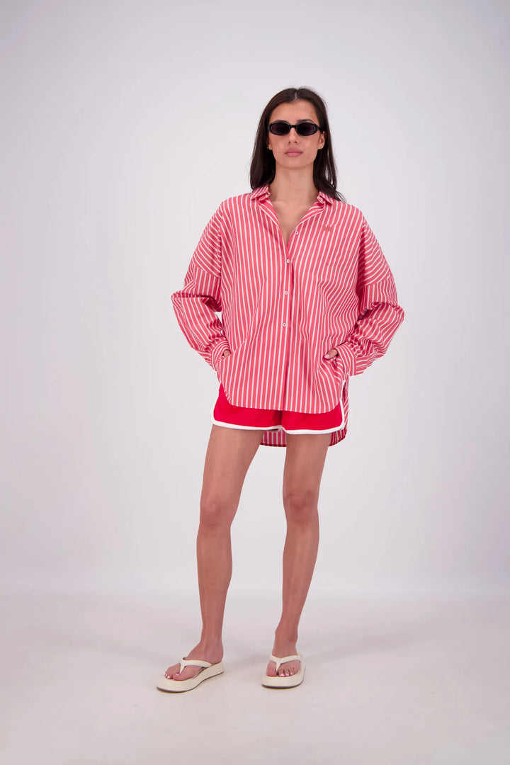 JASMINE ALEXA Womens Mahalo Oversized Stripe Shirt in Red, WOMENS TOPS & SHIRTS, JASMINE ALEXA, Elwood 101