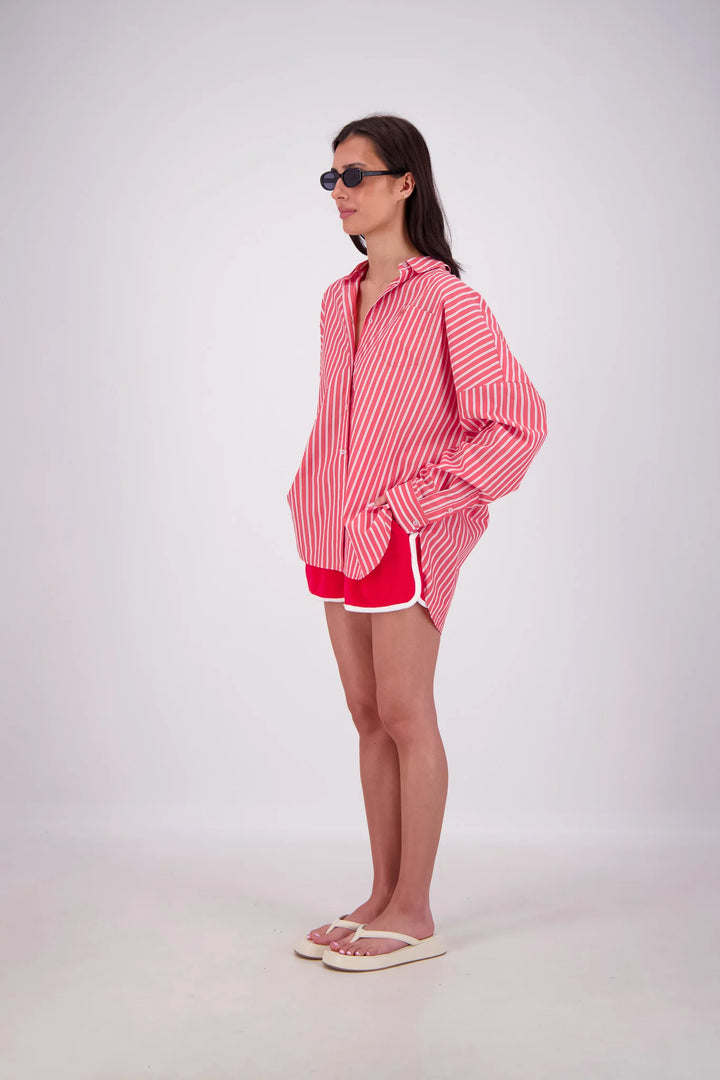 JASMINE ALEXA Womens Mahalo Oversized Stripe Shirt in Red, WOMENS TOPS & SHIRTS, JASMINE ALEXA, Elwood 101
