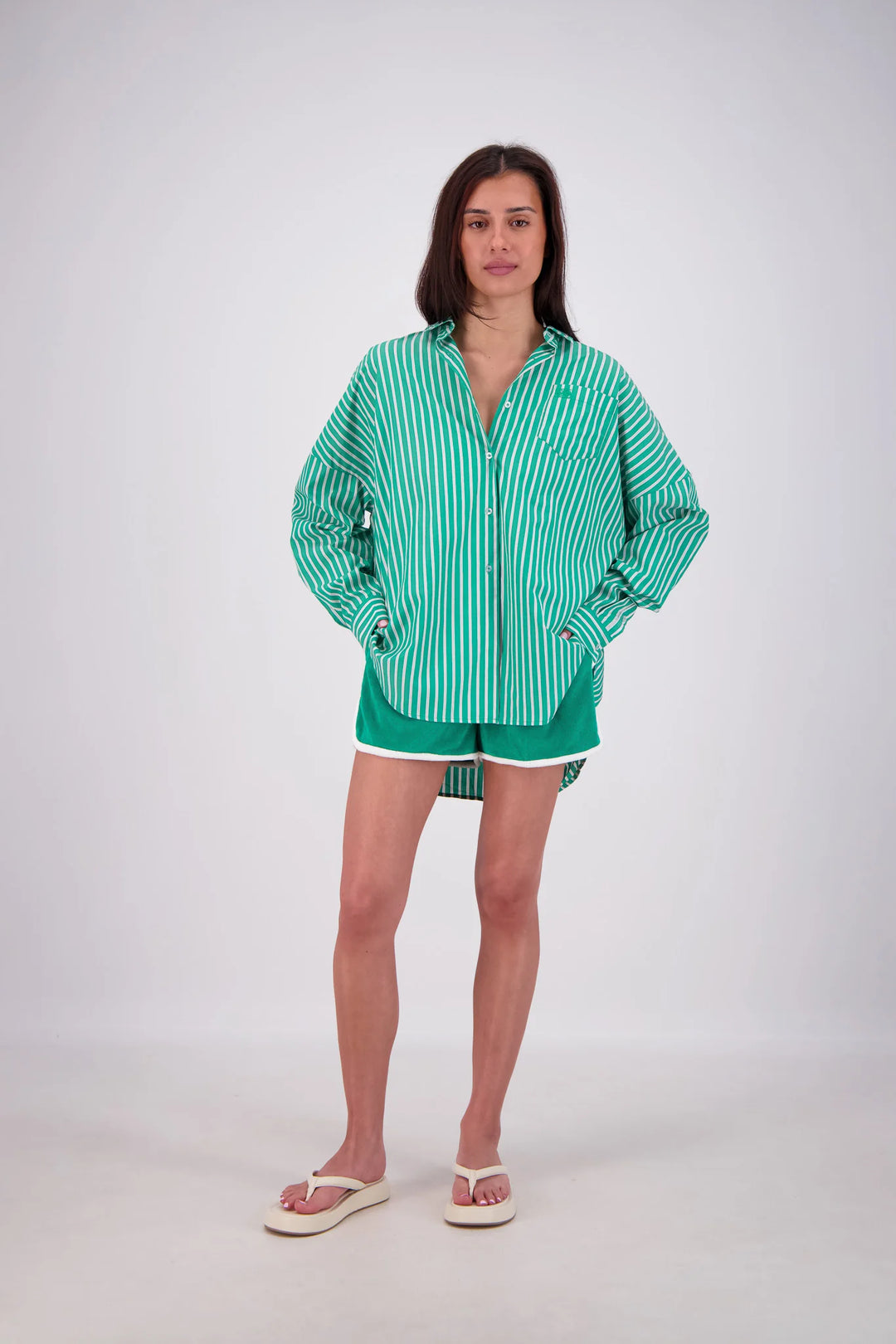JASMINE ALEXA Womens Mahalo Oversized Stripe Shirt in Green, WOMENS TOPS & SHIRTS, JASMINE ALEXA, Elwood 101