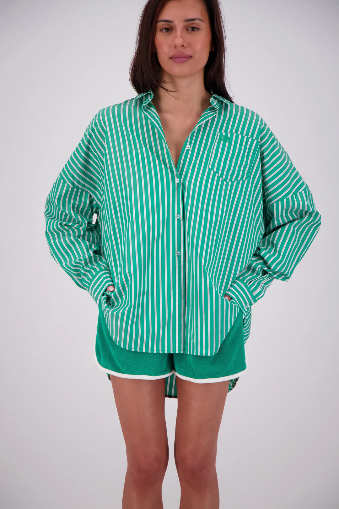 JASMINE ALEXA Womens Mahalo Oversized Stripe Shirt in Green, WOMENS TOPS & SHIRTS, JASMINE ALEXA, Elwood 101