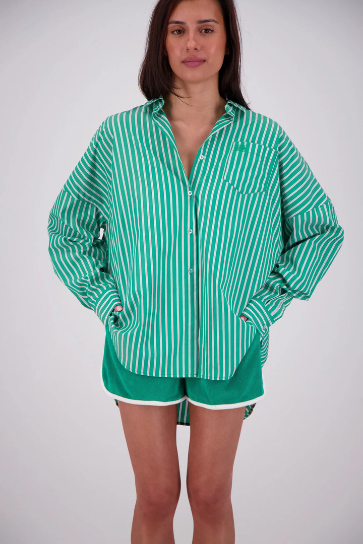 JASMINE ALEXA Womens Mahalo Oversized Stripe Shirt in Green, WOMENS TOPS & SHIRTS, JASMINE ALEXA, Elwood 101