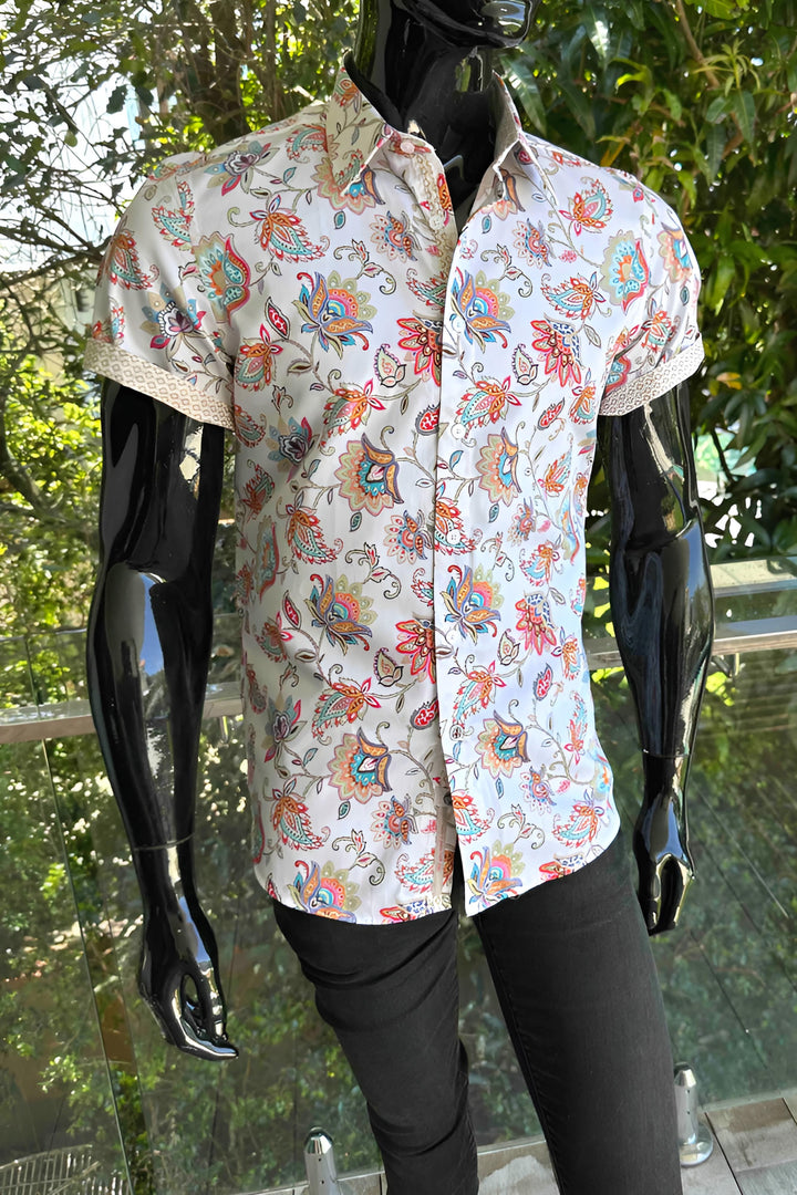 JOHN LENNON Mens Handley Short Sleeve Paisley Shirt in White