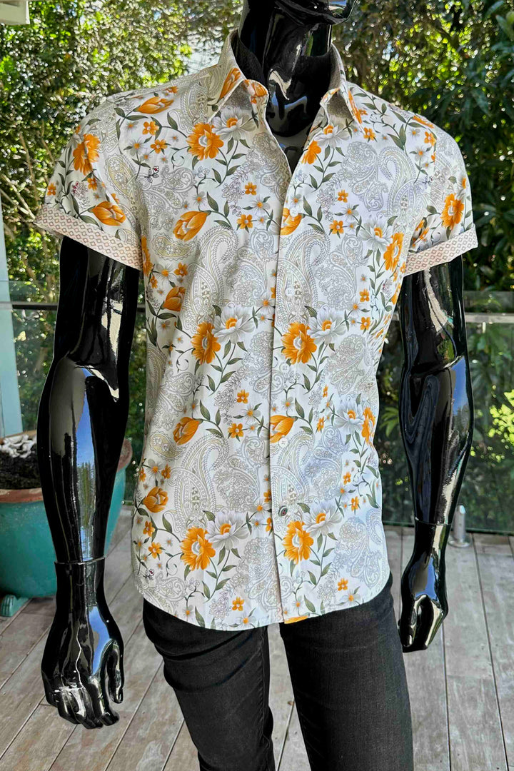 JOHN LENNON Mens Lewes Short Sleeve Paisley Shirt in Amber