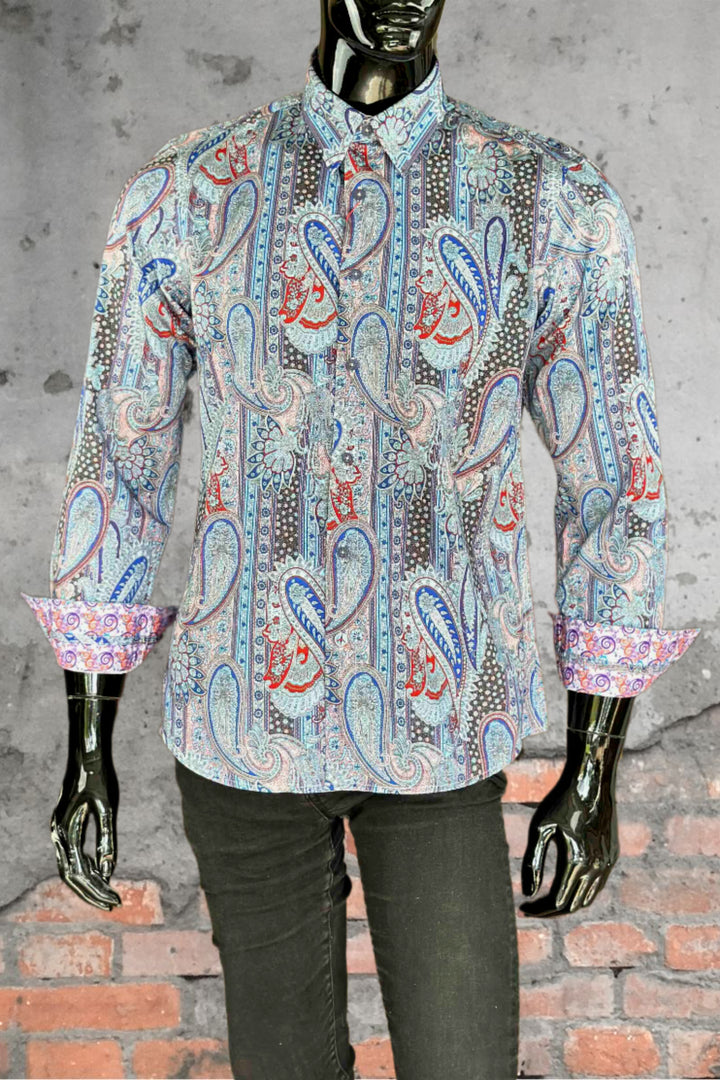 JOHN LENNON Mens Boston Long Sleeve Paisley Shirt - Royal, MENS SHIRTS, JOHN LENNON, Elwood 101