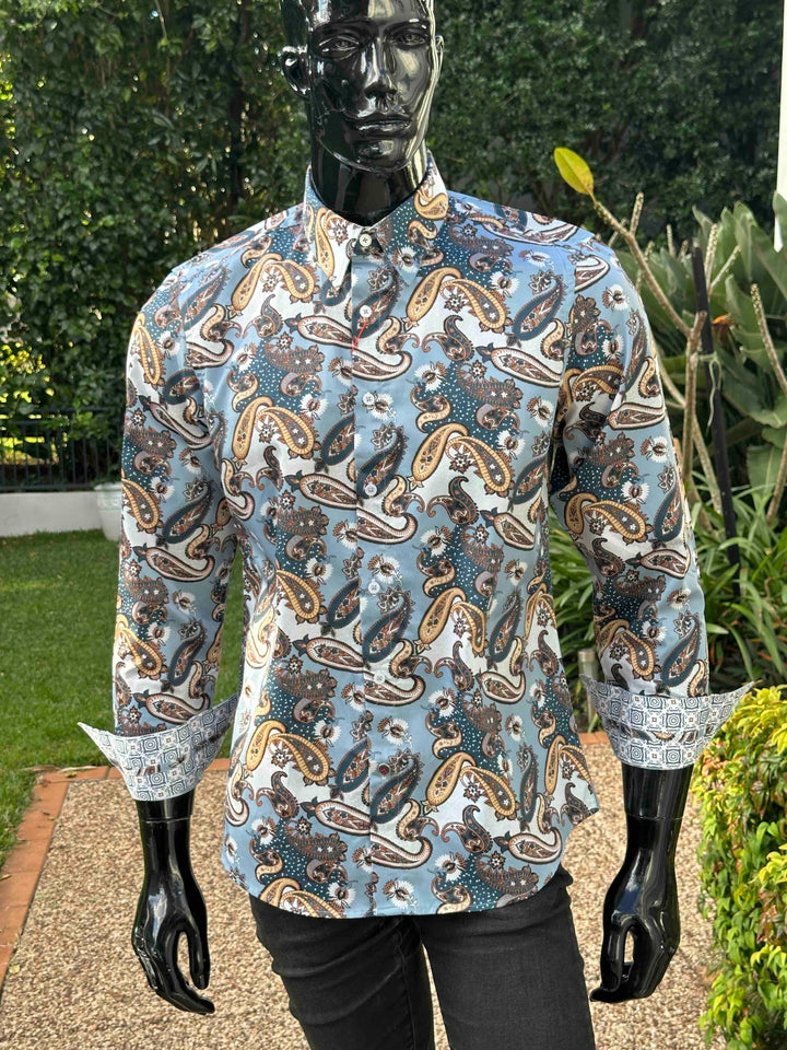 JOHN LENNON Mens Atherton Long Sleeve Paisley Shirt - Steel, MENS SHIRTS, JOHN LENNON, Elwood 101