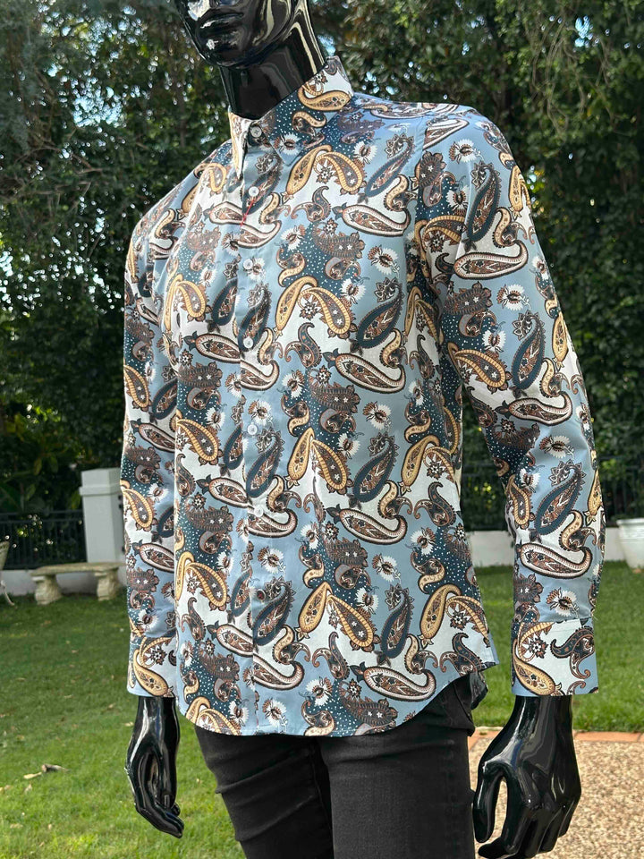 JOHN LENNON Mens Atherton Long Sleeve Paisley Shirt - Steel, MENS SHIRTS, JOHN LENNON, Elwood 101