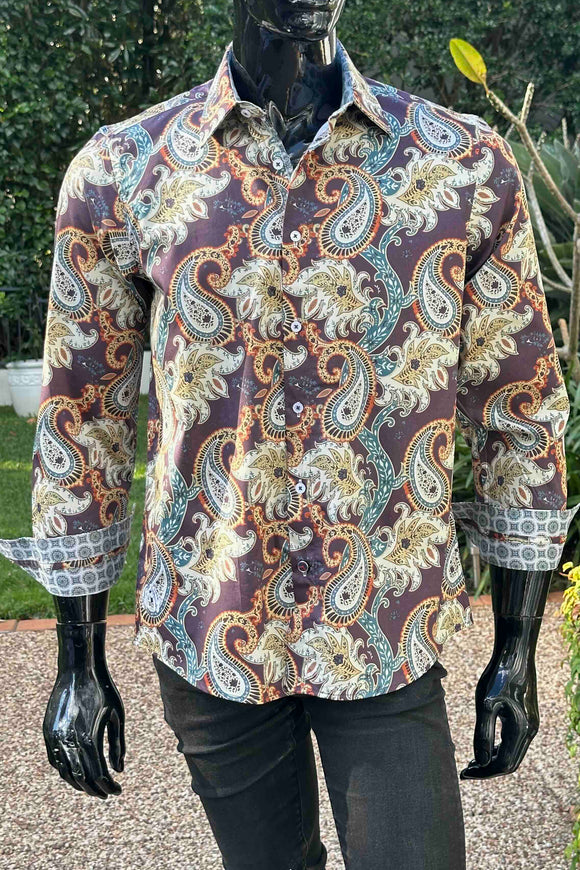 JOHN LENNON Mens Bradbury Long Sleeve Paisley Shirt - Plum, MENS SHIRTS, JOHN LENNON, Elwood 101