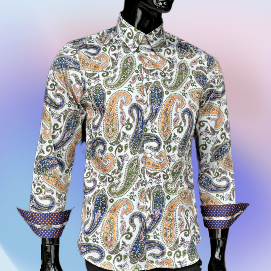 JOHN LENNON Mens Forest Green Paisley Long Sleeve Shirt - Mint, MENS SHIRTS, JOHN LENNON, Elwood 101
