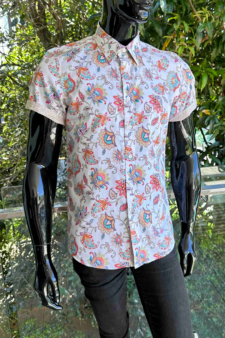 JOHN LENNON Mens Handley Short Sleeve Paisley Shirt in White