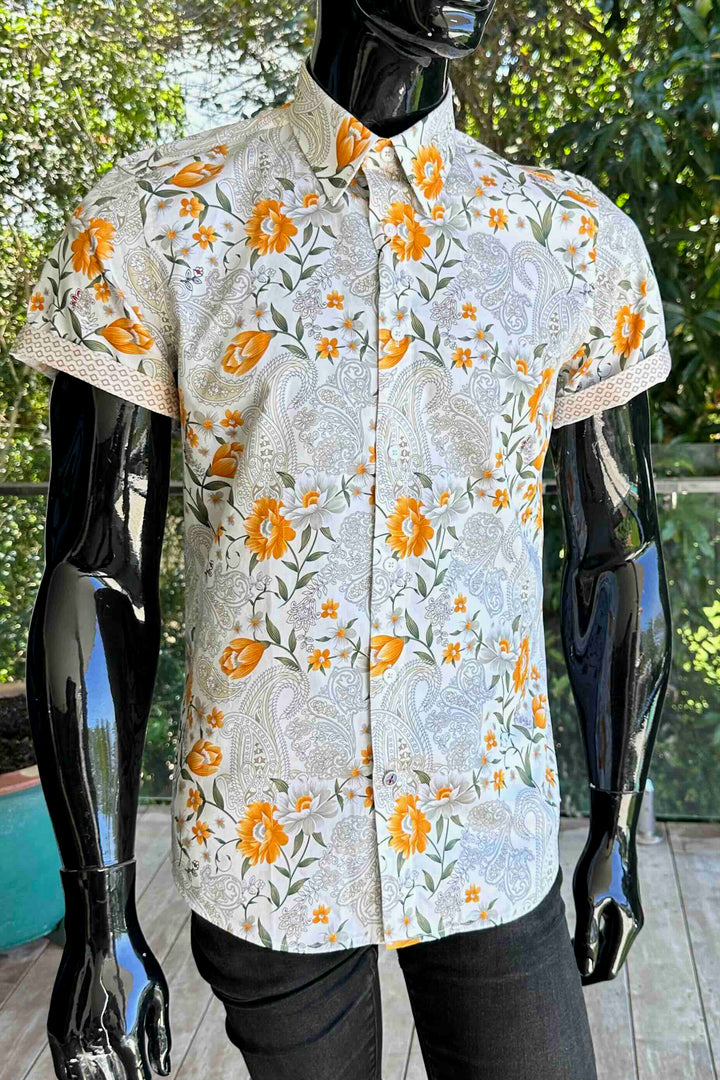 JOHN LENNON Mens Lewes Short Sleeve Paisley Shirt in Amber
