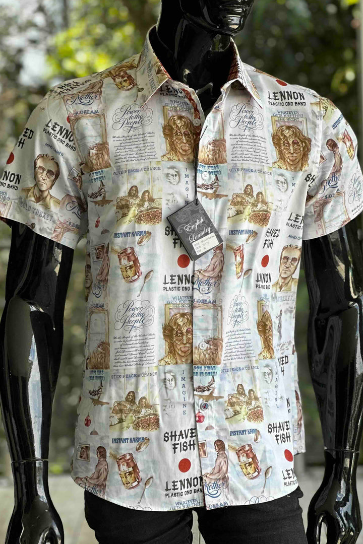 JOHN LENNON Mens Mind Games Short Sleeve Shirt in Putty, MENS SHIRTS, JOHN LENNON, Elwood 101