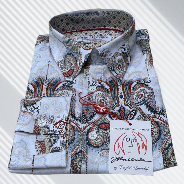 JOHN LENNON Mens Morecombe Paisley Long Sleeve Shirt - White, MENS SHIRTS, JOHN LENNON, Elwood 101