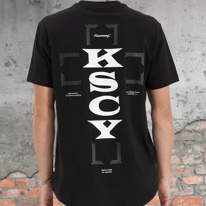 KISS CHACEY Mens Redemption Dual Curved Hem Tee - Jet Black, MENS TEE SHIRTS, KISS CHACEY, Elwood 101
