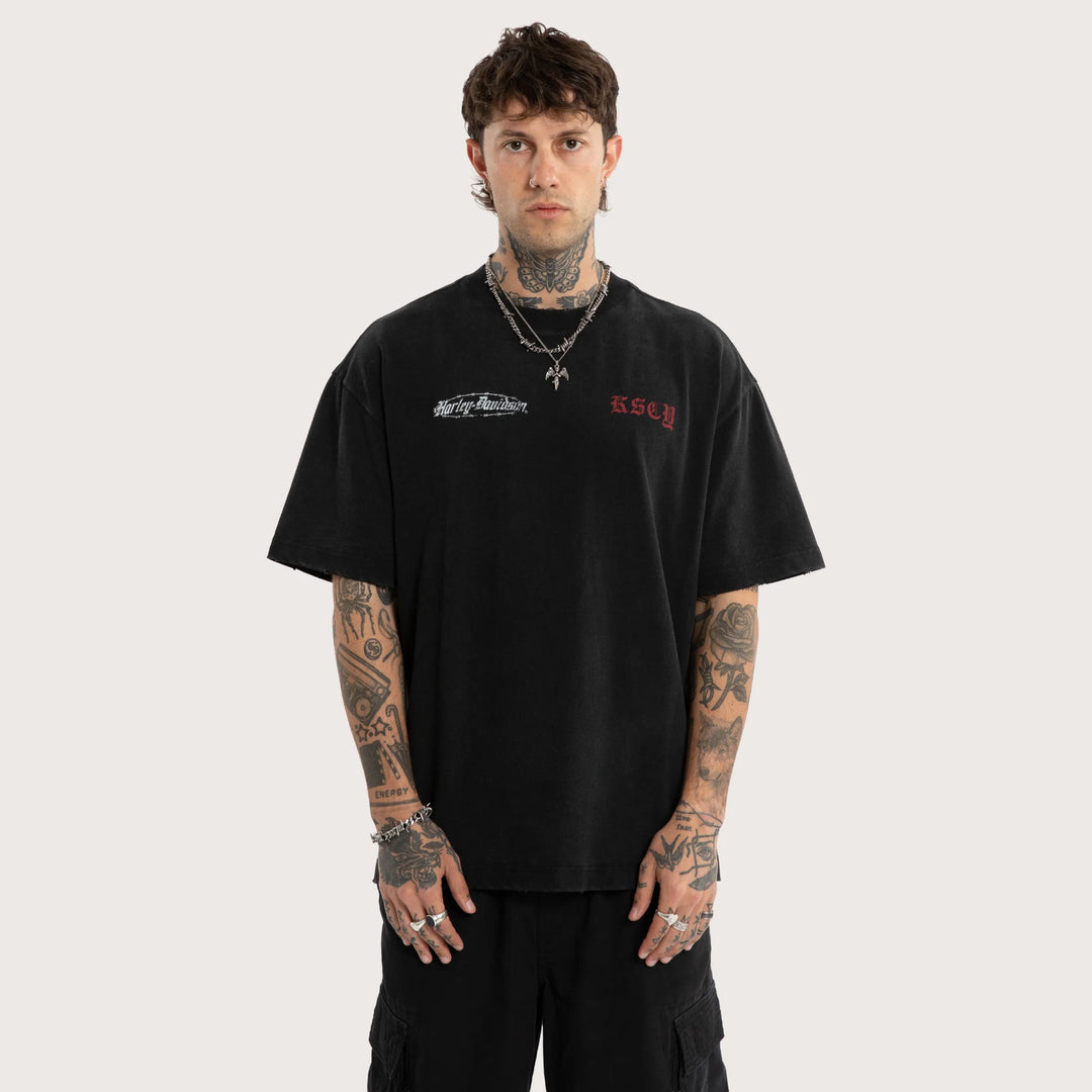 KISS CHACEY Harley Davidson Mens Intake Street Tee in Snow Black
