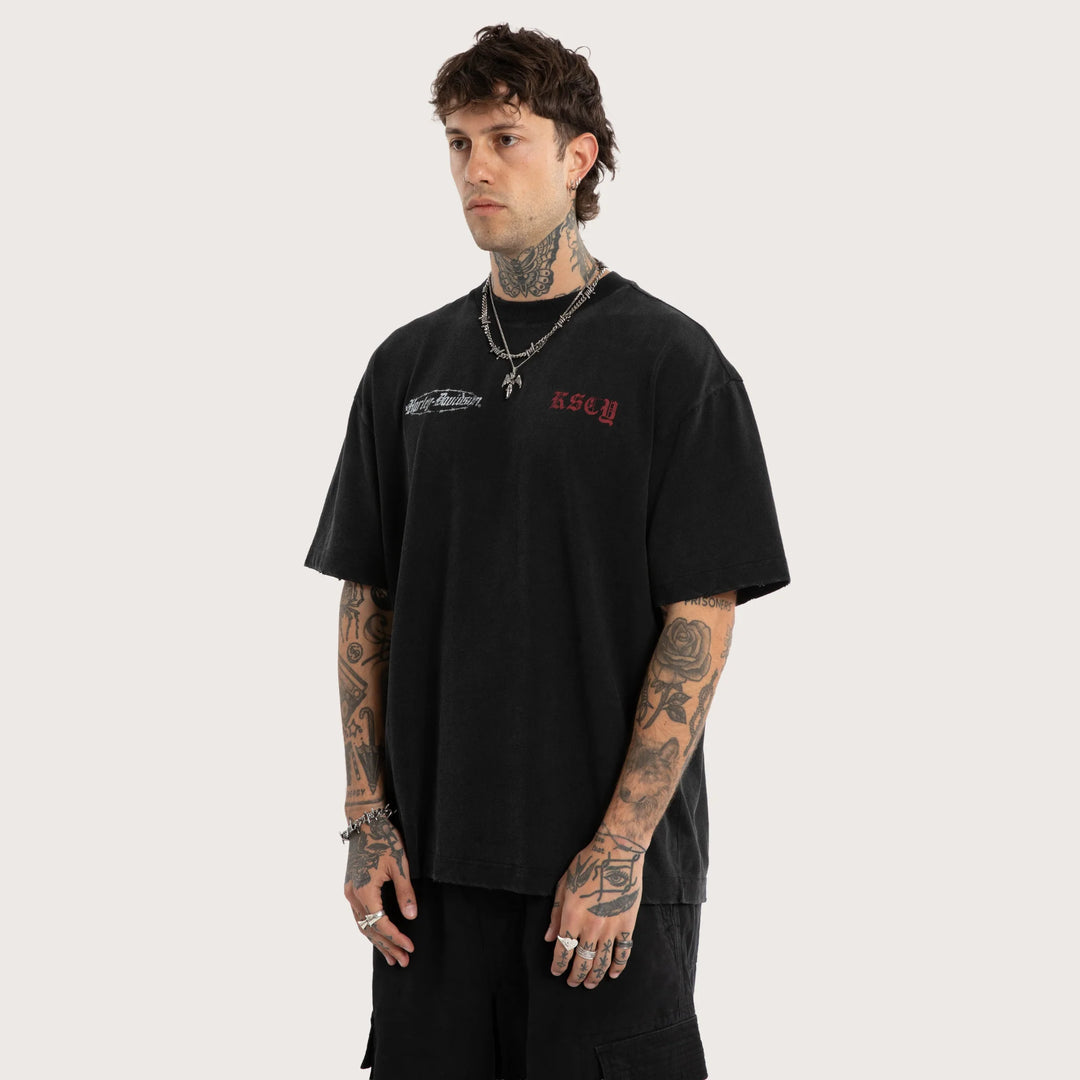 KISS CHACEY Harley Davidson Mens Intake Street Tee in Snow Black